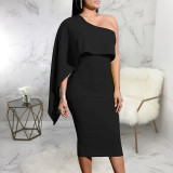 2021 sexy fashion solid color diagonal shoulder tight dress