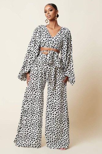 2021 autumn leopard print digital print women's dress bandage lantern long sleeve cardigan loose Wide Leg Pants Set
