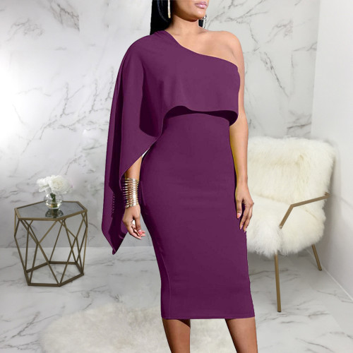 2021 sexy fashion solid color diagonal shoulder tight dress
