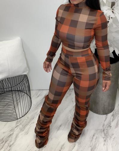 2021 autumn winter women's Plaid printing pleated fashion casual suit two piece set