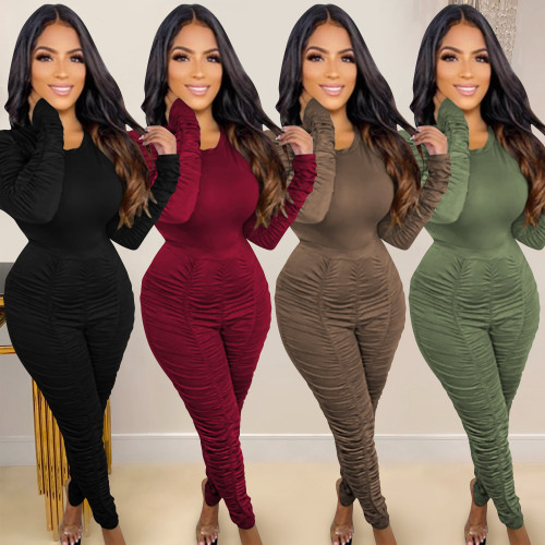2021 fashion casual women's round neck long sleeve pants wrinkle two-piece set
