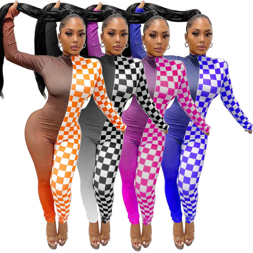 2021 autumn winter sexy women's checkerboard check printed Jumpsuit
