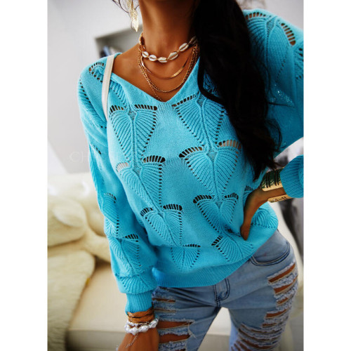 2021 autumn winter women's sweater solid color hollow loose V-neck casual sweater