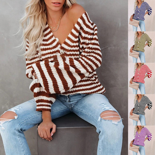 Autumn and winter 2021 new striped sweater loose lazy brown single breasted V-neck cardigan sweater