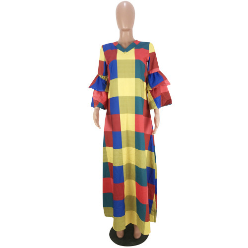 Colorful Plaid Lantern Sleeve floor length skirt dress