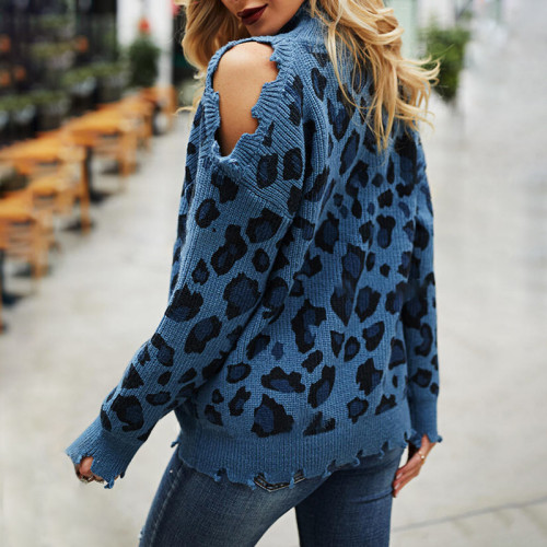 New leopard print high neck long sleeve off shoulder casual loose knit sweater in autumn and winter 2021