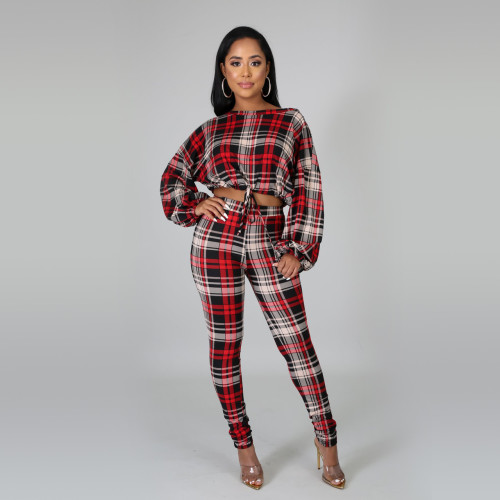 2021 autumn winter casual Plaid printed long sleeve round neck two piece set