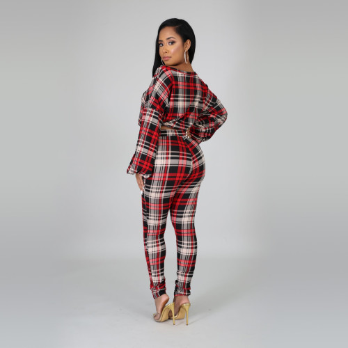 2021 autumn winter casual Plaid printed long sleeve round neck two piece set