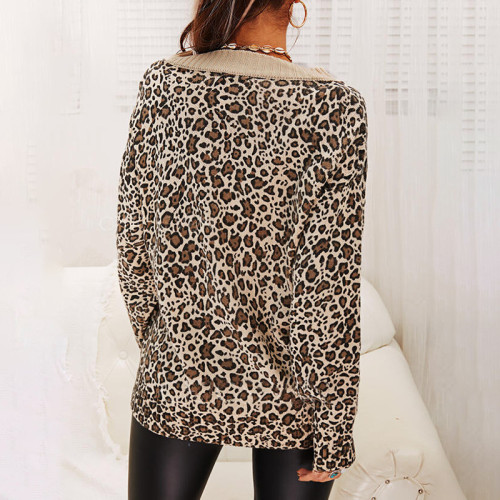 2021 autumn and winter new leopard print long-sleeved V-neck loose casual sweater