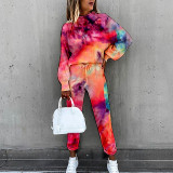 2021 autumn and winter women's tie dyed printed high collar long sleeve fashion casual suit