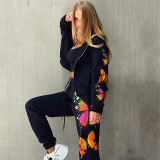 2021 autumn winter new butterfly printed long sleeve hooded zipper casual sweater set