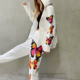 2021 autumn winter new butterfly printed long sleeve hooded zipper casual sweater set