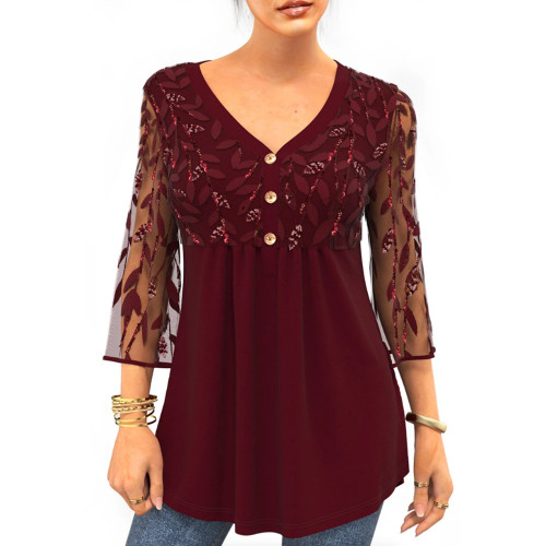 2021 autumn fashion casual perspective V-neck mesh embroidered solid color large top