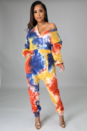 2021 autumn winter women's fashion temperament sexy long sleeve printed V-neck Jumpsuit