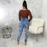 2021 autumn and winter fashion slim fit trend high waist perforated denim Leggings