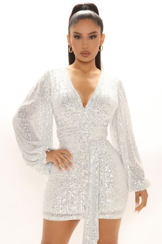 Autumn and winter new sequined V-neck long-sleeved nightclub sexy dress