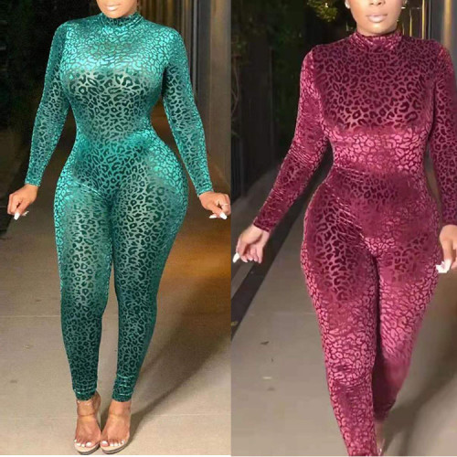 Plus size women's clothing leopard print casual slim fit anti-exposure jumpsuit