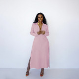 2021 solid color stitched loose long sleeve French LINED SKIRT split dress