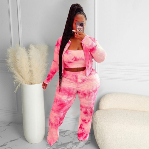 Sexy tie-dye printing loose casual three-piece suit pit pants suit