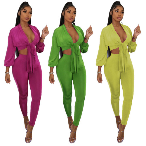 2021 autumn winter women's dress solid color bandage fashion sexy casual suit two piece set