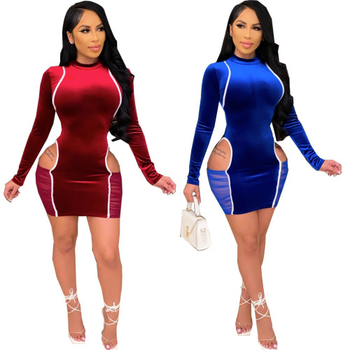 Autumn and winter sexy fashion nightclub clothes stitching long-sleeved dress
