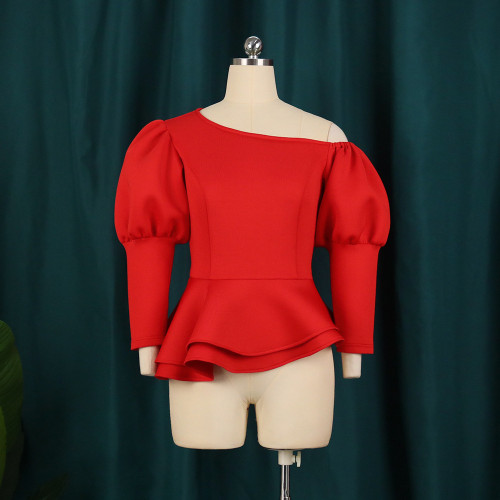 Plus size women's clothing oblique shoulder lantern sleeves high waist ruffled all-match Christmas red shirt tops   Not with a belt