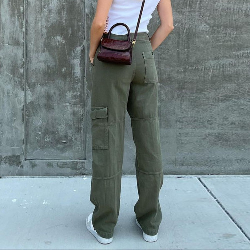 Autumn and winter new 2021 women's green loose casual single side pocket zipper high waist straight tube denim pants