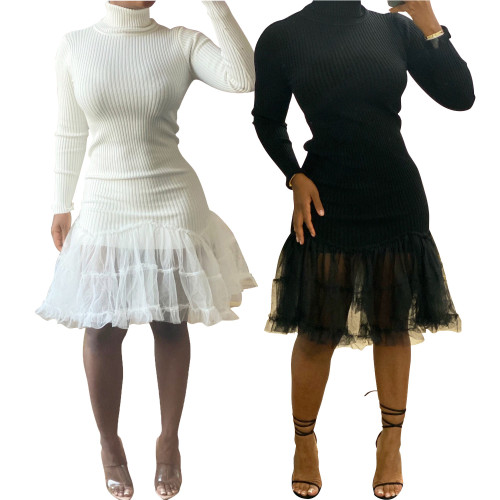 Autumn and winter 2021 new women's thread dress long sleeve tight high neck mesh wool dress