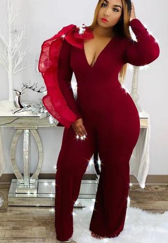 Sexy V-neck straight tube wide leg Jumpsuit Plus size clothing