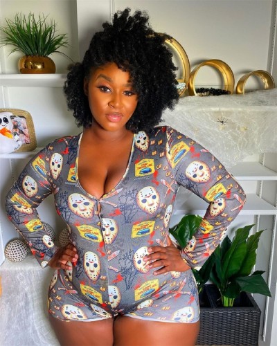 Printed sexy European and American large size home clothes one-piece pajamas Plus size clothing