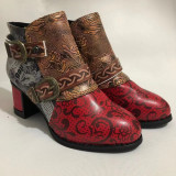 Belt buckle short boots round head thick heel short tube printed Martin boots Plus size shoes