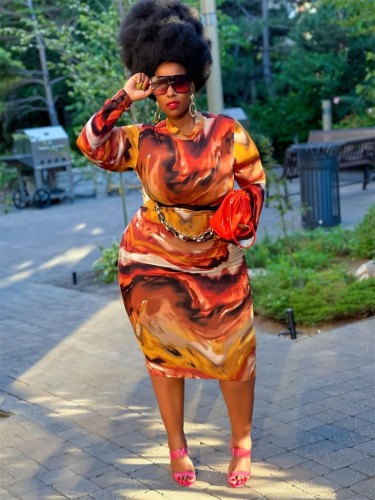 Long sleeve personalized tie dyed Hip Wrap Dress Plus size clothing