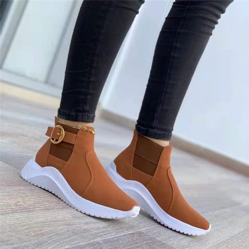 Buckle short boots round toe slope heel high top Plus size shoes