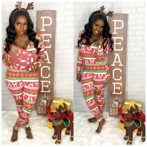 2021 autumn winter tight long sleeve Christmas printed Jumpsuit