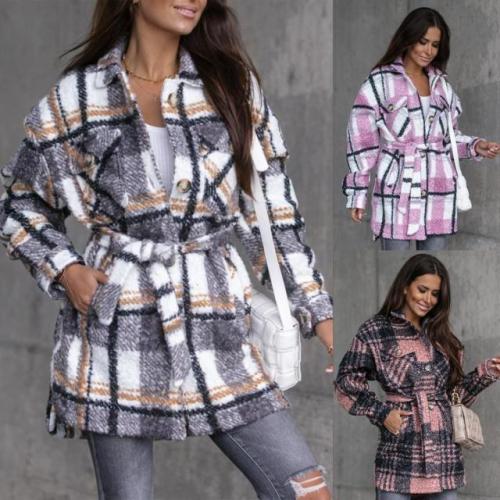 New autumn and winter lace-up plaid woolen coat