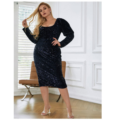 Autumn and winter fashion sequined long-sleeved zipper sequined plus size dress