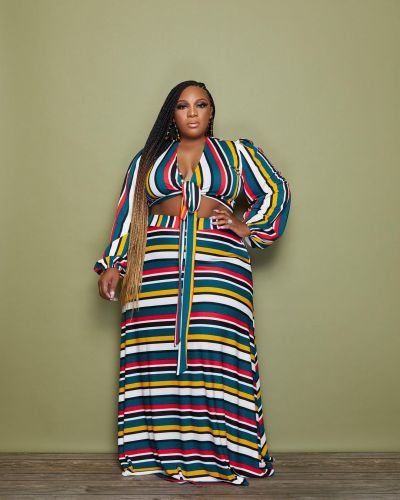 Autumn and winter 2021 large women's fashion color stripe two-piece skirt suit