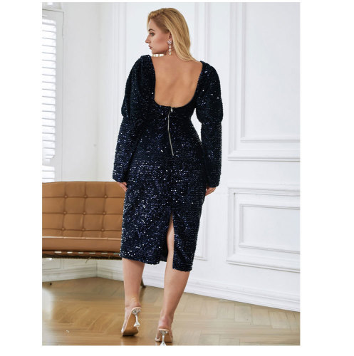Autumn and winter fashion sequined long-sleeved zipper sequined plus size dress