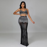 2021 fashion sexy hollow out perspective sling long skirt hot drill body suit