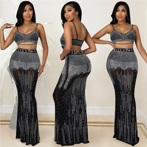 Sexy women's nightclub Party mesh see-through camisole long dress two-piece suit  19号上架