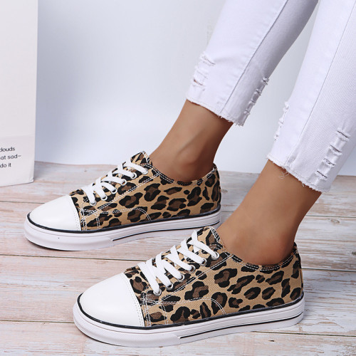 Leopard print color matching lace up casual board shoes for women Plus size shoes