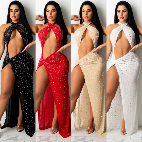 2021 new nightclub sexy hot diamond studded mesh perspective women's wrap chest split dress