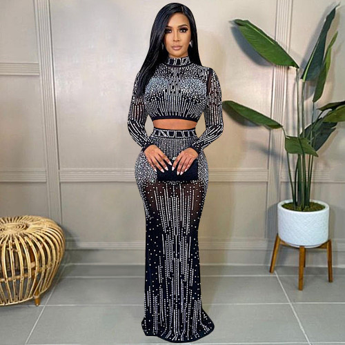 Fashion sexy nightclub women's net gauze perspective long-sleeved long skirt two-piece suit