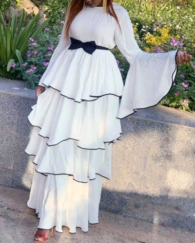 2021 women's temperament commuting black and white contrast color four layer cake Group long skirt high waist long skirt