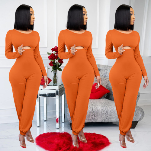 2021 autumn winter women's one-piece pants round neck slim fit chest exposed sexy long sleeved one-piece