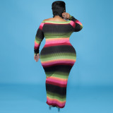 2021 autumn large women's stripe printed pit strip open shoulder dress