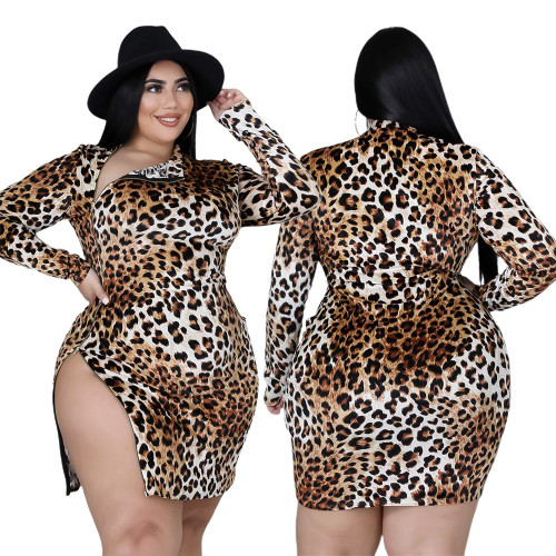 Plus size women's sexy leopard print long-sleeved zipper dress women's mini skirt