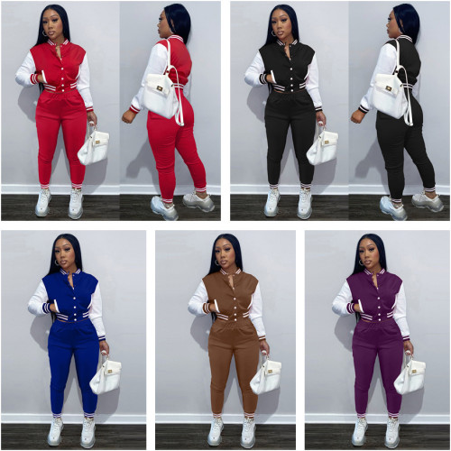 2021 color blocking women's jacket set single breasted splicing long sleeve baseball suit two piece set