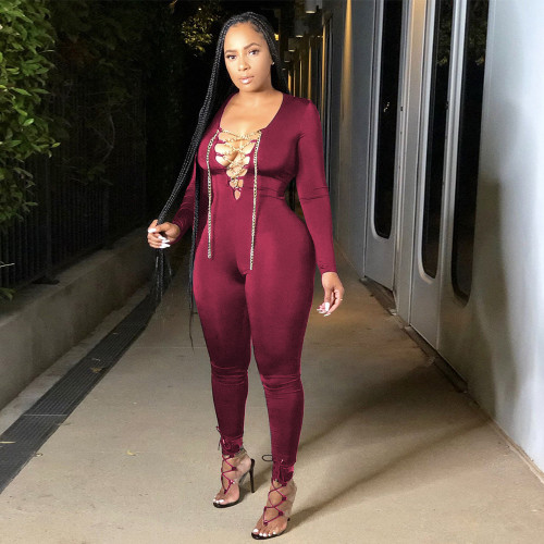 2021 solid color sexy bandage long sleeve Jumpsuit