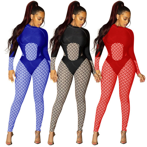2021 autumn new contrast color positioning printing high waist slim fit sports Jumpsuit